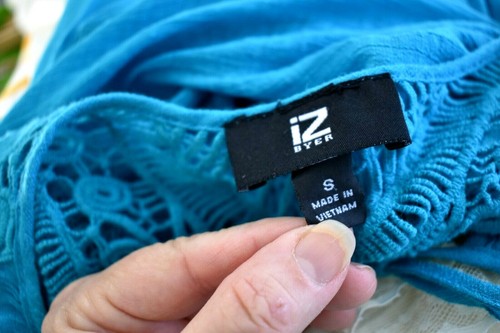 IZ BYER (S) Blouse Linen Look Crochet Back Tie Front Neck Smocked CERULEAN BLUE - Picture 10 of 10