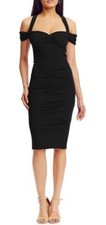 NICOLE MILLER ~ Black Cinched Cold-Shoulder Ruched Sheath Party Dress 6 NEW $395