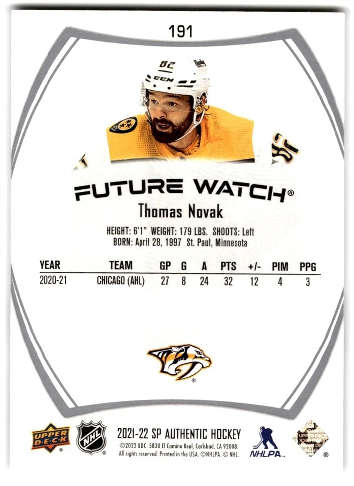 2021-22 SP Authentic Future Watch Thomas Novak Rookie /999 #191 Nashville - Image 2 of 2