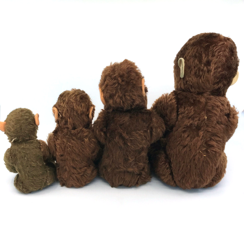 Hermann Jocko Chimp x 4 Mohair Plush 1960s one ID Tag 20cm to 43cm 8in to 17in - Picture 6 of 12