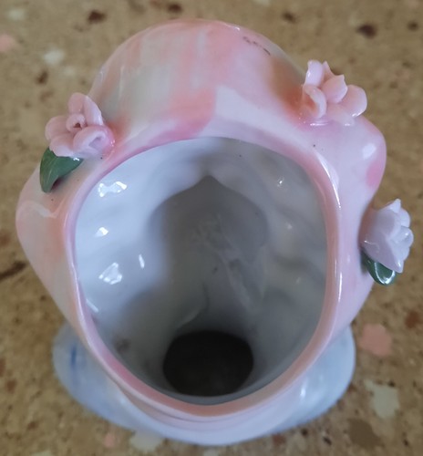 Vintage Porzellan Frauenkopf Vase blaues Kleid mit rosa Hut & Blumen 5" - Bild 3 von 5