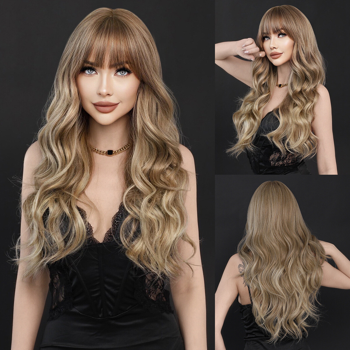 Long Brown Wig- cove with fringe Wholesale Wig Gold Highlight Long Curly Hair Big Wave Band  main image 2