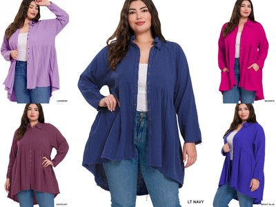 1X 2X 3X Raw Edge Button Down Long Sleeve Gauze Shirt Baby Doll High Low Hem
