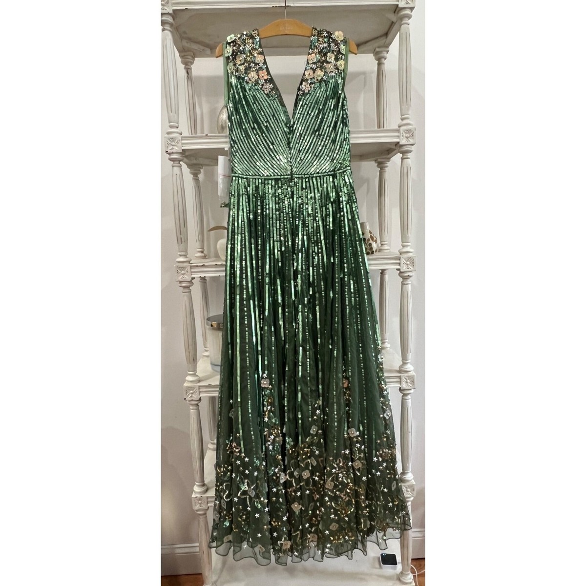 Mac Duggal Sequin & Floral Green Sleeveless Maxi Dress Gown