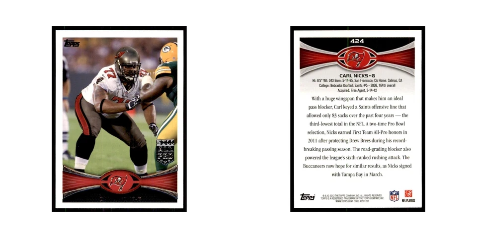 2012 Topps Carl Nicks橄榄球卡#424 — 第 3/3 张图片