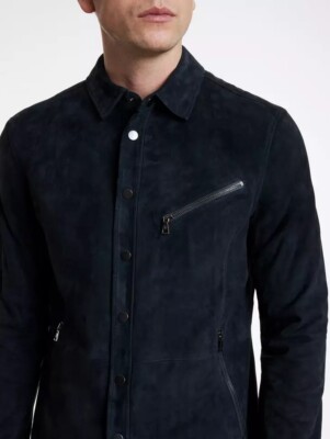 Trendy Men's Sheepskin Suede Leather Jacket Biker Blue Premium Casual Wear