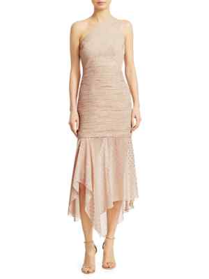 Halston One Shoulder Pleated Metallic Polka Dot Trumpet Dress, Size 8, $495 NWT