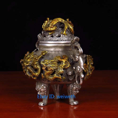 Old Tibet Silver Fengshui Nine Dragons Playing with Beads Incense Burner Censer - Picture 9 of 9
