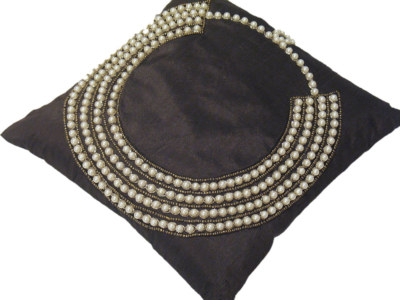 Glam Chocolate India Pillow Pearl Work Decorative Couch Cushion with insert 14''