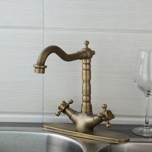Antique Brass Kitchen Sink Faucet 360° Swivel Dual Handle Deck Mounted Mixer Tap - Picture 11 of 12
