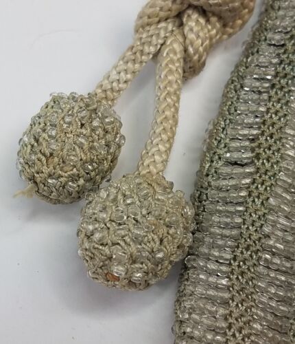 Antique Light Green Purse Iridescent Glass Beads Flapper Crochet Drawstring - Picture 2 of 10