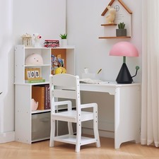 Kids Desk Chair Set Wooden Study Table with Shelf, 2 Cloth Drawer, Pen Holders