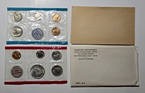 1969 US Mint 10 Coin Set PDS 40% Silver Kennedy Half Dollar