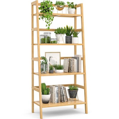 Bamboo Bookshelf 4-Tier Ladder Shelf, 49.2  Freestanding Open Bookcase Book S...