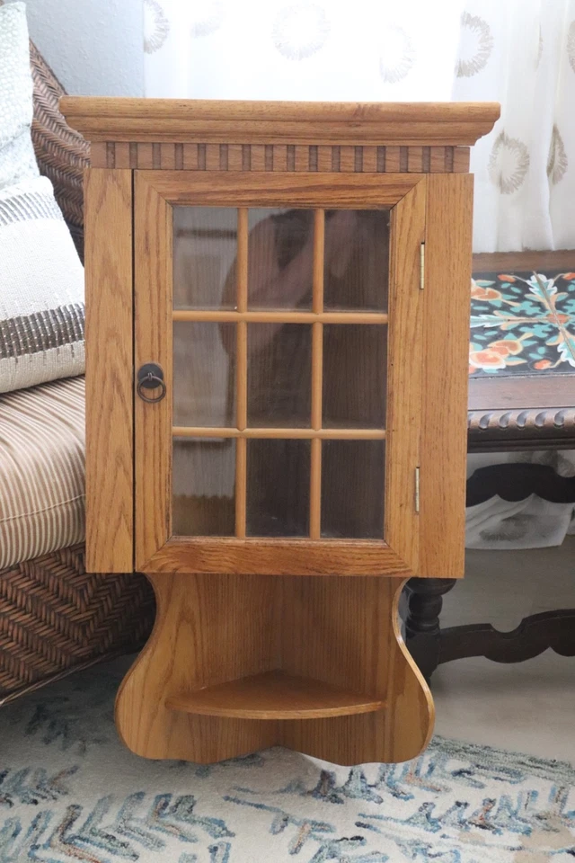 ✨Vintage Wood Hanging Oak Curio Corner Cabinet Shelf Display Farmhouse Primitive - Image 2 of 4
