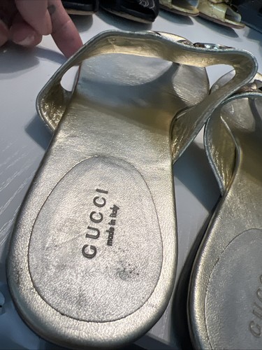 Gucci Sandal 10 Thong Slide Gold Horsebit Metallic All Over GG Guccicima Leather - Picture 6 of 24