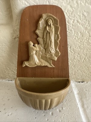 Vintage Holy Water Font/Stoup Featuring a Celluloid Image Virgin Mary Scene