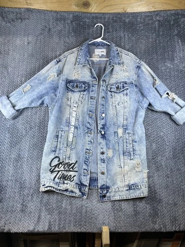 Fashion Nova Superb Jacket Mens Large Blue Denim Cotton Distressed Button Front video thumbnail