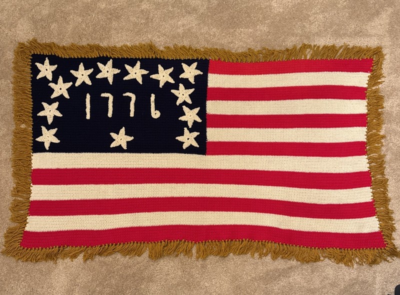 Vintage Hand-Crocheted 1776 American Flag Afghan – 63"x37", Patriotic Americana