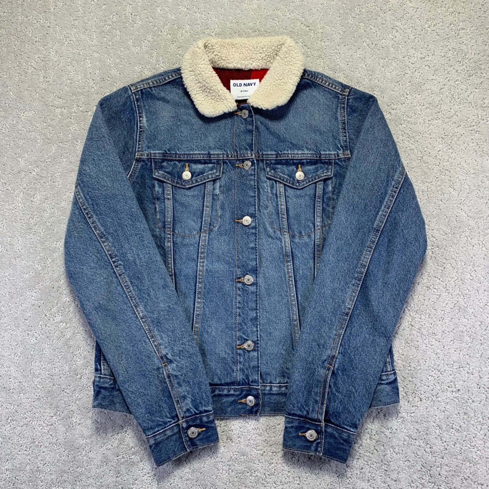 Old Navy Denim Jacket Womens Medium Tall Sherpa Collar Plaid Lined Trucker Jean
