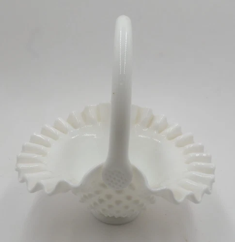 Vintage White Milk Glass Hobnail Ruffled Basket