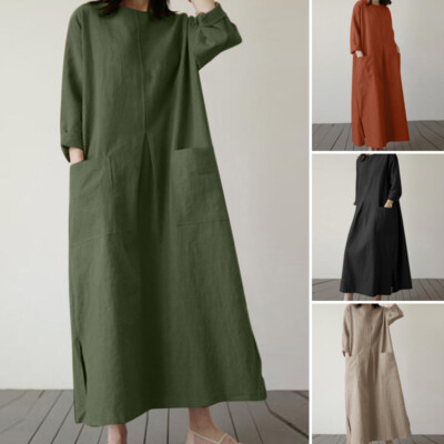 UK Womens 3/4 Sleeve Casual Loose Cotton Long Dress Vintage Kaftan Maxi  UK