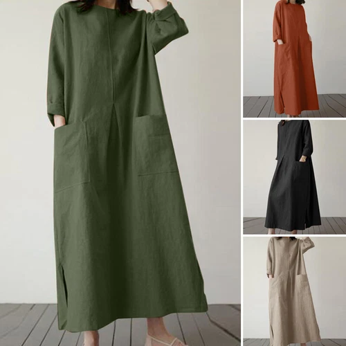 Langes lässiges lockeres Baumwollkleid Vintage Kaftan Maxikleid für Damen UK - Bild 1 von 28