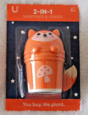 New UStyle Orange Cat In Cup/Mushroom Sharpener & Eraser (2 1/2) Ages 6+