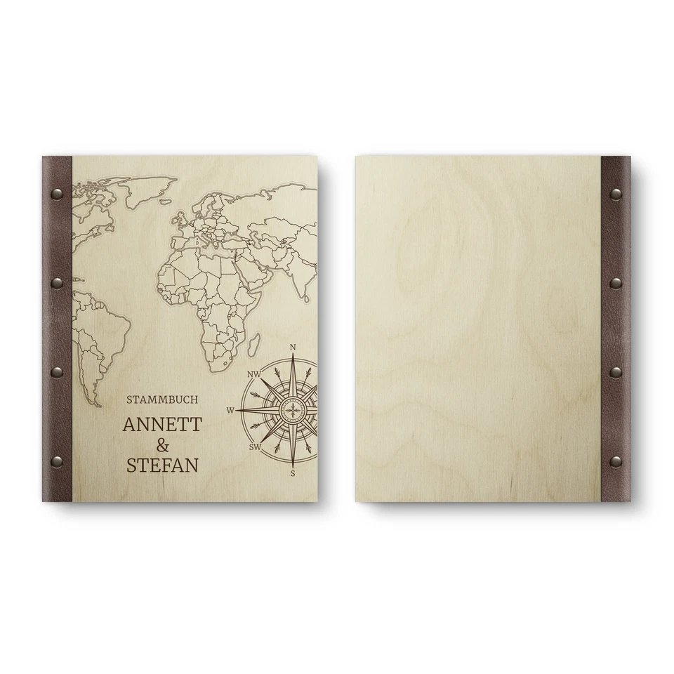 Personalisiertes Stammbuch Birkensperrholz Holz Leder A5 - Weltkarte - Bild 3 von 4