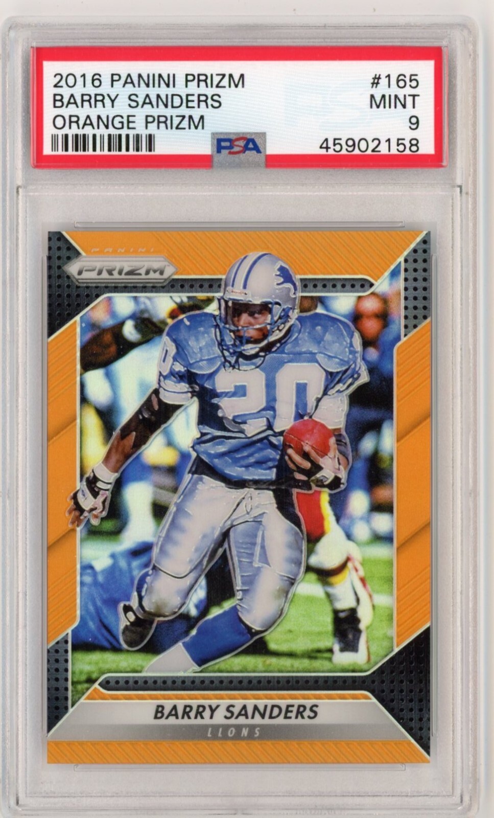 2016 PANINI PRIZM BARRY SANDERS ORANGE PRIZM #165 LIONS HOF PSA 9 MINT /299
