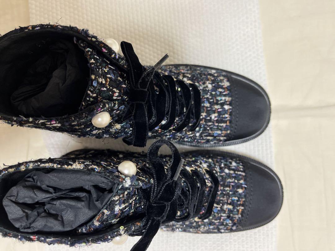 新品　シャネル　CHANEL ツイード　ブーツ　黒　38.5 パール New Chanel CHANEL Tweed Boots Black 38.5 Pearl | eBay