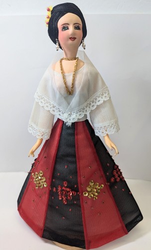 Vintage Spanish Doll on Stand Hand Painted Fabric Face Plastic Hands 12"Nice!