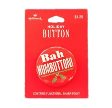 Hallmark BUTTON PIN Christmas Vintage BAH HUMBUTTON! 1989 1.5" MINI NEW 1.25