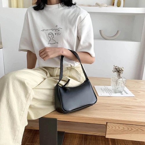 Bolso de hombro de cuero PU suave para mujeres color liso moda negro - Imagen 6 de 12