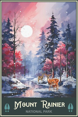 Mount Rainier Wilderness Wildlife Winter Scene Snow Deer Art Travel Poster 16x24