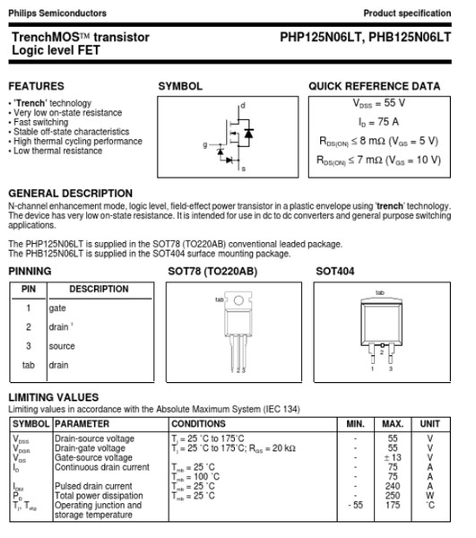 PHP125N06LT Phillips trinchera MOS transistor nivel lógico FET NUEVO orificio pasante