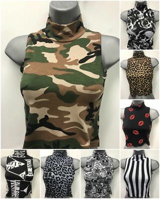 NEW WOMEN LADIES POLO TURTLE NECK PRINTED STRETCH SLEEVELESS CROP TOP VEST 8-14
