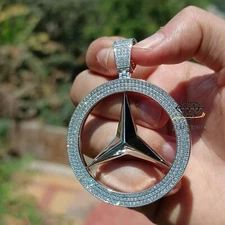 2.90 ctw D/FL Moissanite 14K White Gold Over Mercedes Medallion Pendant 2.5"