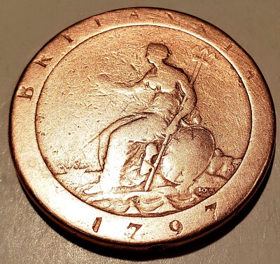 1797 Britannia 2-Pence Coin, Georgius III D: G. Rex, KM619, Copper, 227 YRS OLD