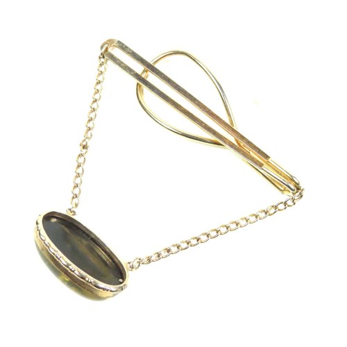VINTAGE GOLD TONE TIE BAR CLASP WITH OVAL GOLD CONFETTI DANGLE PENDANT - Picture 6 of 10