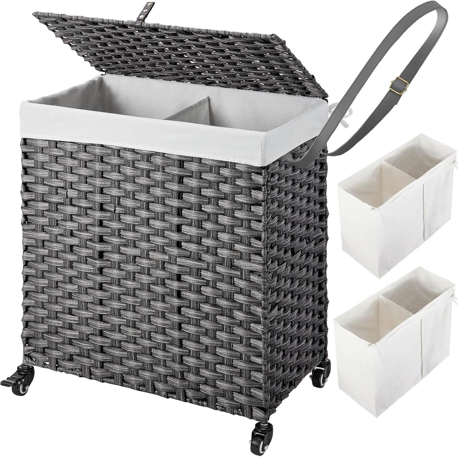 110L No-Install Laundry Hamper with Wheels, Divided Handwoven Design-image