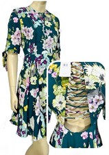 NWT Guess Teal A line Flower Field Braided Back Henley Tie Cuff Dress S $128