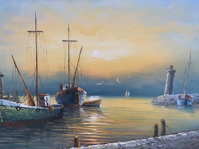 Exceptional Max Savy Oil on Canvas Extra Large With Lighthouse