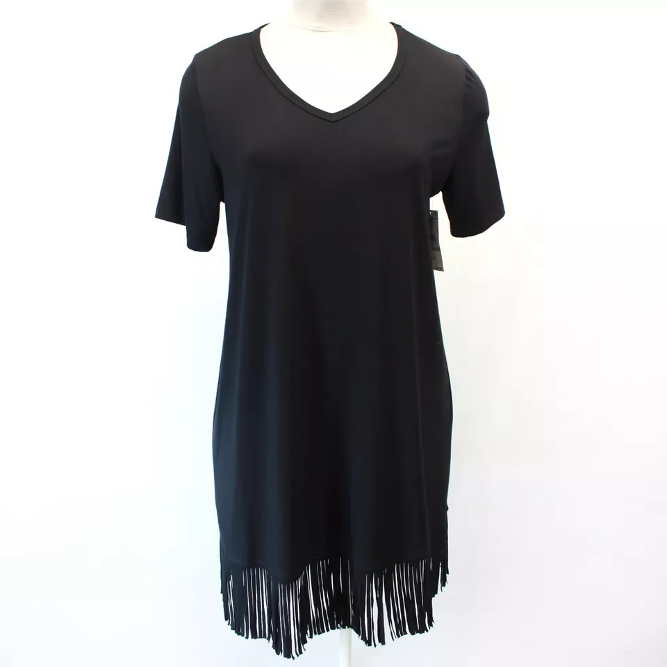Karen Kane plus V-neck pullover black dress with fringes size 1X Made in USA - Image 2 of 4