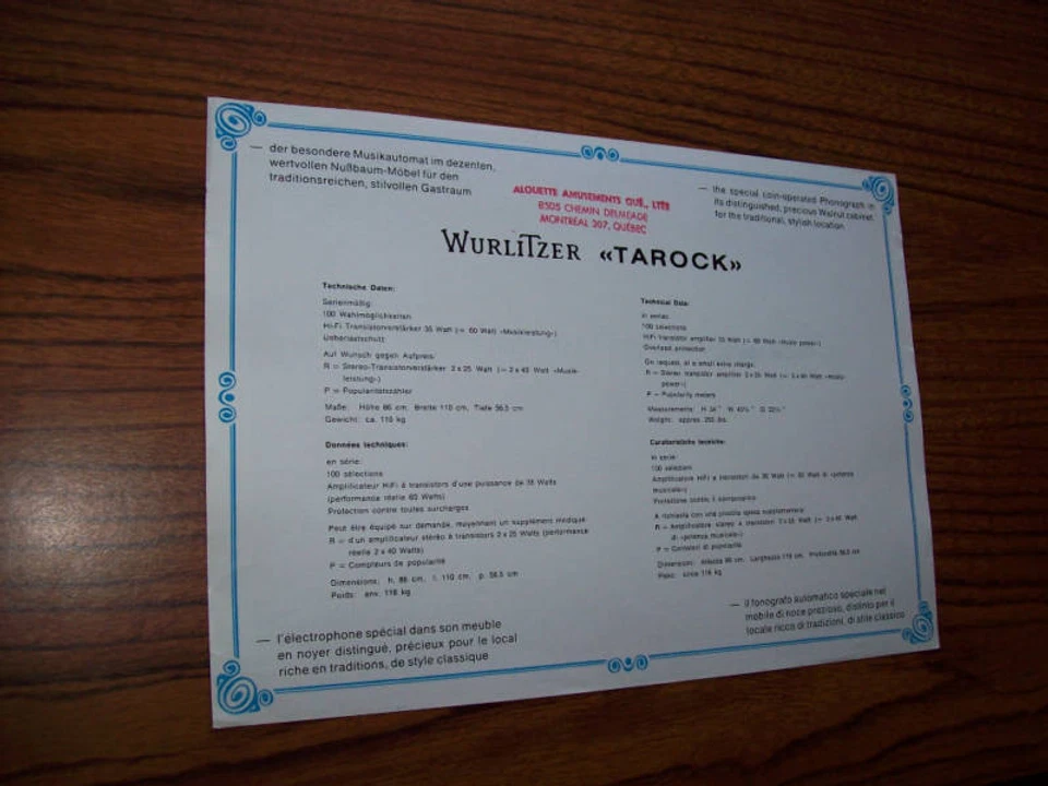 WURLITZER TAROCK JUKEBOX SALES FLYER Vintage Retro Art 1970 - Image 2 of 2