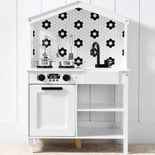Pretend Play Wooden Farmhouse Kitchen Set for Kids W/Toy Storage, Clicking Knobs