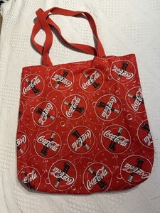 Coca-Cola Logos Red Canvas Tote Bag Purse Zip Closure 17”W x 30”L Used