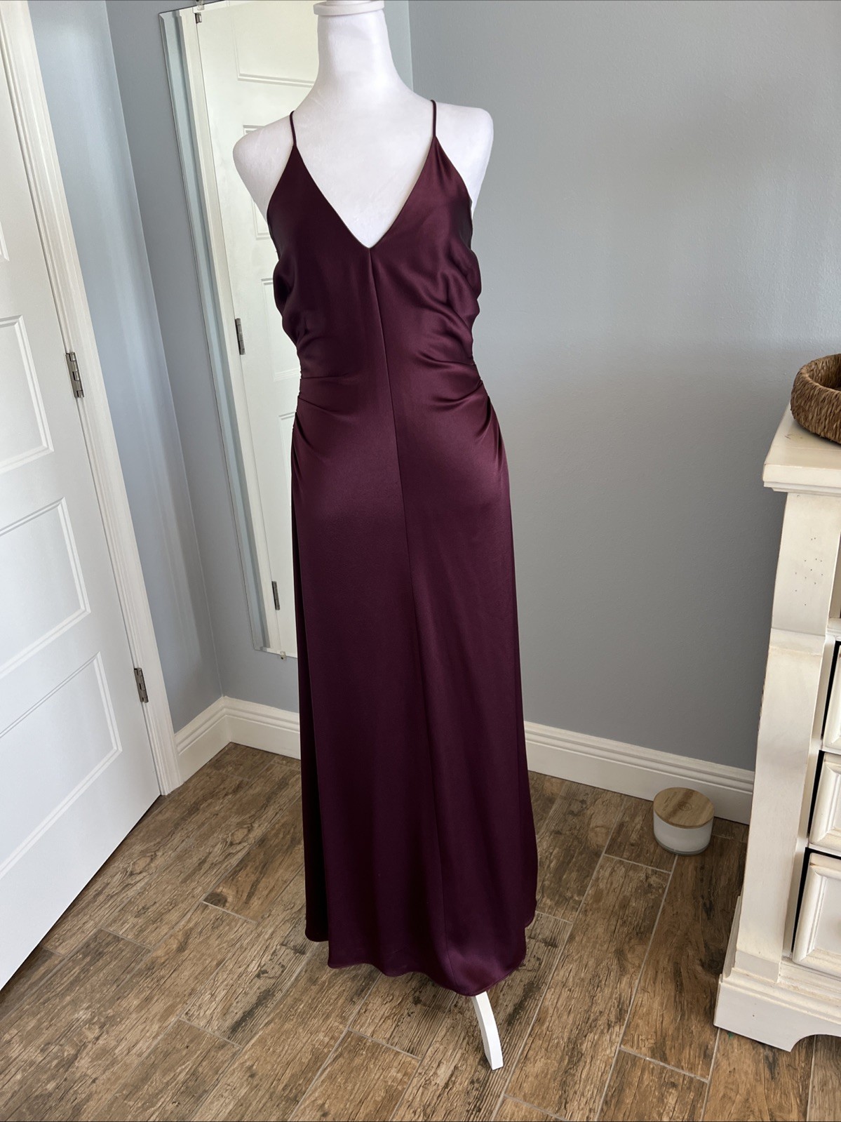 Maroon Satin Effect Fully Lined Rouched Dress Hal… - image 1