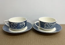 2 Vintage Royal CURRIER AND IVES Blue Cup And Saucer!!