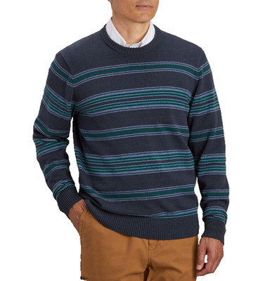 Duluth Trading Mens Strongarm All-Over Stripe Sweater L Blue Green Cotton Blend